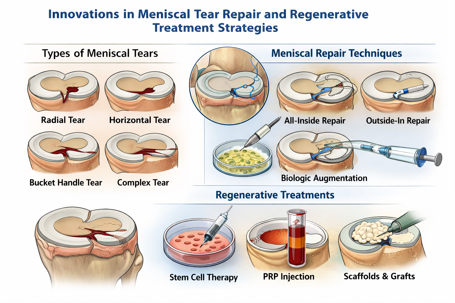 Meniscal tear repair techniques illustrating different meniscus tear types, surgical repair methods, and biologic augmentation for knee joint preservation