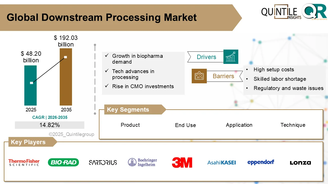Downstream Processing Market biopharmaceutical facility with chromatography columns, membrane filtration systems, and single-use bioprocessing equipment for biologics purification.