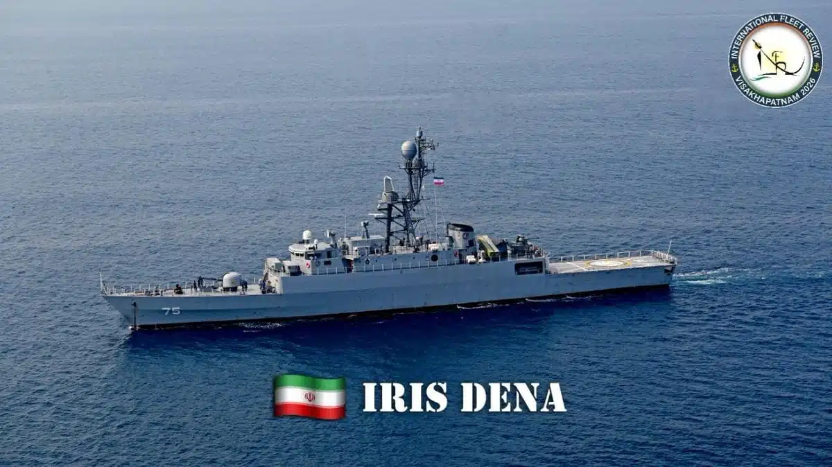 Iranian navy destroyer IRIS Dena sailing at sea before being reportedly sunk by a US submarine during the escalating US Israel Iran conflict.