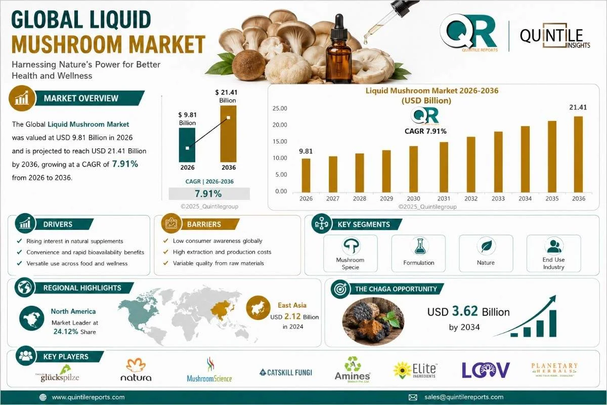 Liquid mushroom extracts and functional mushroom beverages displayed with medicinal mushrooms including lion's mane, reishi, and chaga, representing the growing global liquid mushroom market and wellness industry trends.